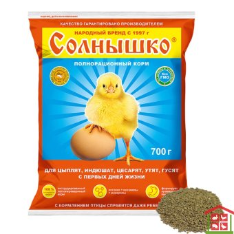 Купить солнышко полноценный корм для цыплят,гусят.индюшат и перепелят с первых дней (700г).